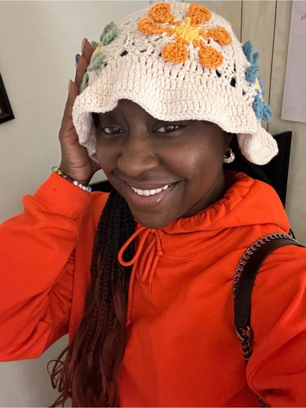 Crocheted Flower Bucket Hat with Cream Base and Multicolor Flowers